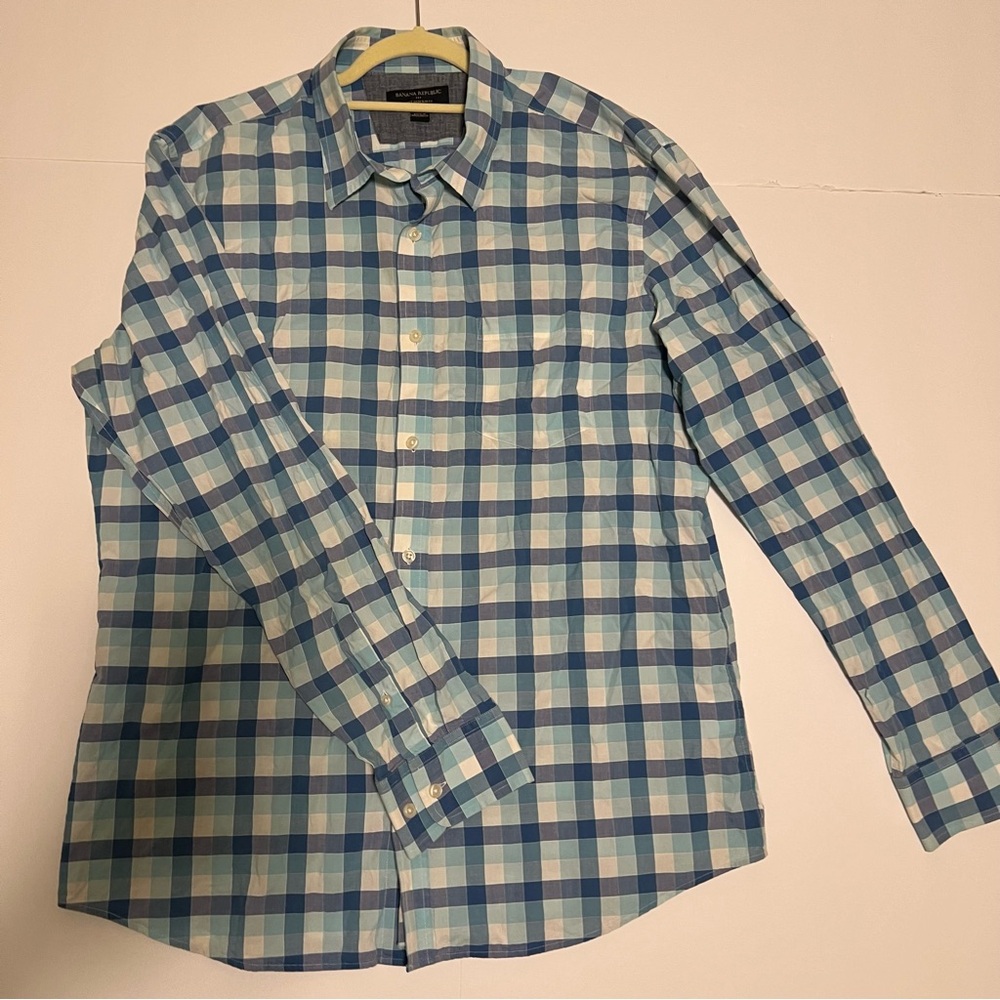 Banana Republic Soft Wash Slim Fit Blue Plaid Button-Up Shirt Preppy Retro